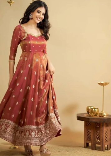 Designer Latest  Cosmo Silk With Heavy Embroidered Thread Sequence Work Anarkali Gown Rust-Orange ColorLFH TD DN 6071