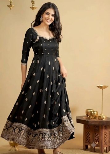 Designer Latest  Cosmo Silk With Heavy Embroidered Thread Sequence Work Anarkali Gown Black ColorLFH TD DN 6071