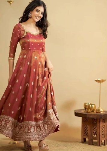 Designer Latest  Cosmo Silk With Heavy Embroidered Thread Sequence Work Anarkali Gown Rust-Orange ColorLFH TD DN 6071