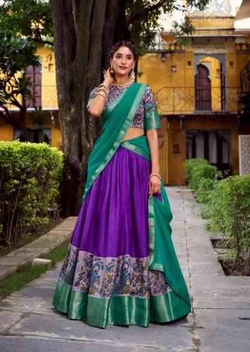 Designer Lehenga Choli Aastha Silk Printed With Zari Weaving Work Purple And Teal Color LFH LNB DN 1244