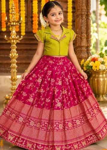  Designer Lehenga Choli Premium Dola Silk Finish  Elegant Floral Zari Lime Green And Magenta Pink Color