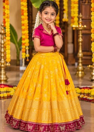  Designer Lehenga Choli Premium Dola Silk Finish  Elegant Floral Zari Yellow And Magenta Pink Color