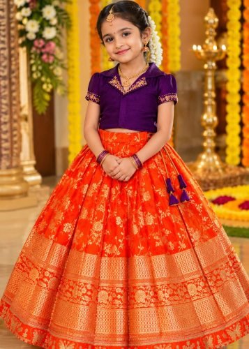  Designer Lehenga Choli Premium Dola Silk Finish  Elegant Floral Zari Dark Purple And Orange Color 