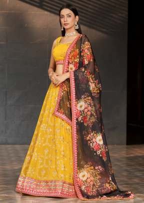 Designer Lehenga Set With Embroidery Work In Georgette Fabric Semi Stitched Yellow Color DN 18001