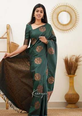 Designer Lichi Silk Jequrcard Work With Rich Pallu Silk Saree Dark Green Color KP DN 4064 