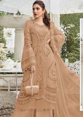 Designer Maaria A Pakistani Suit Heavy Faux Georgette With Embroidery Sequence Work With Moti And Neck Khatli Work  Light Brown Color DN 1187
