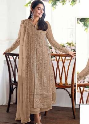 Designer Maaria Pakistani Suit Heavy Faux Georgette With Embroidery Sequence Work With Neck Khatli Work Beige Color A DN 1194