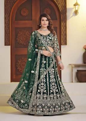 Designer Net Fabric Embroidery And Sequence Work With Codding Design Work  Bridal Lehenga Choli Dark Green Color DN 5126