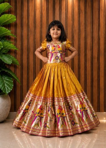 Designer Paithani Gown Pure Silk With All Over Heavy Zari Weaving Work Mustard Yellow LFH Paithani Gown