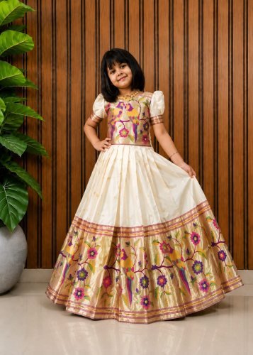 Designer Paithani Gown Pure Silk With All Over Heavy Zari Weaving Work Cream Color LFH Paithani Gown