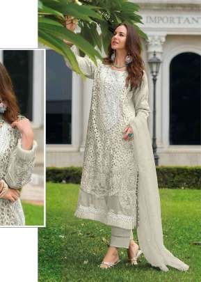 Designer Pakistani Maaria A Suit Heavy Organza With Embroidery Sequence Cut Work With Moti And  Frill Work Off White Color DN 1176