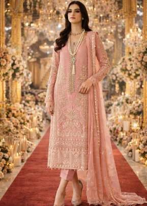 Designer Pakistani Suit In Heavy Faux Georgette With Heavy Embroidery And Sequence Work Peach Pink Color DN 1037