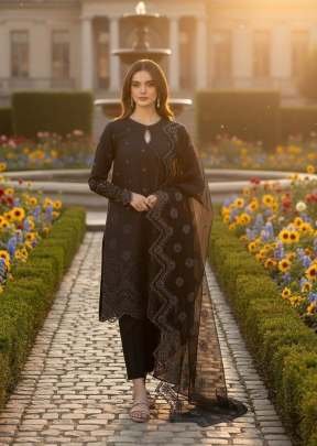 Designer Pakistani Suit With Heavy Chikankari Embroidery In Cambric Cotton Black Color DN 1309