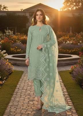 Designer Pakistani Suit With Heavy Chikankari Embroidery In Cambric Cotton Pista Green Color DN 1309