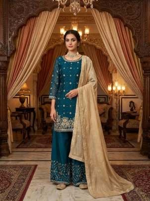 Designer Palazzo Set Elegant Ethnic Wear Featuring Heavy GMY Silk Top With Thread Sequence And Pearl Work Teal Blue Color DN 1549