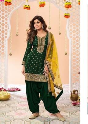 Designer Patiala Suits In Pure Viscose Jacquard With Sequence Embroidery Dark Green DN 704