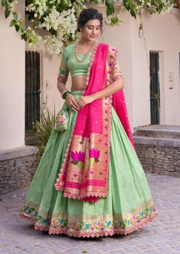 Designer Plathian Jacquard Silk Zari Weaving With Embroidery Work Green Color LFH LNB DN 2014