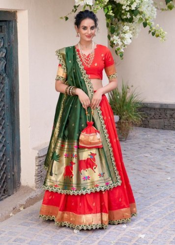 Designer Plathian Jacquard Silk Zari Weaving With Embroidery Work Red And Green Color LFH LNB DN 2014