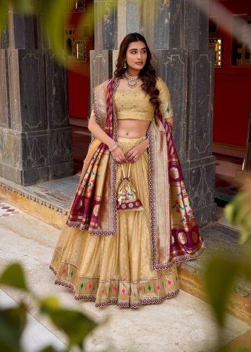  Designer Plathian Lehenga Choli Simmer Organza With Zari Weaving Work Golden Color LFH LNB DN 2032