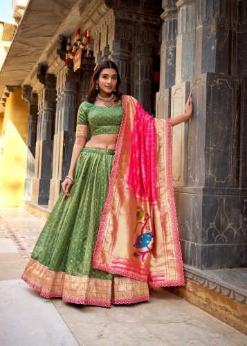  Designer Plathian Lehenga Choli Simmer Organza With Zari Weaving Work Green Color LFH LNB DN 2032