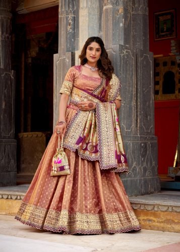  Designer Plathian Lehenga Choli Simmer Organza With Zari Weaving Work Peach Color LFH LNB DN 2032