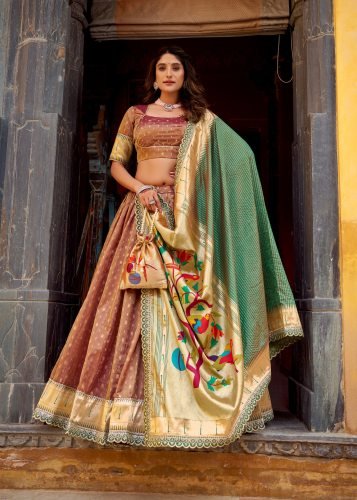  Designer Plathian Lehenga Choli Simmer Organza With Zari Weaving Work Brown Color LFH LNB DN 2032