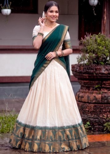 Designer Poly Cotton Lehenga Choli Paired with Flowing Georgette Dupatta Green And White Color LFH LNB DN 2047