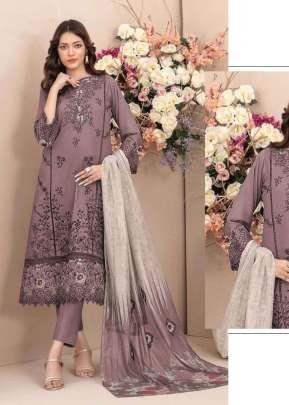 Designer Pure Cambric Cotton With Embroidered Sequence Work Pakistani Suit Purple Color DN 915