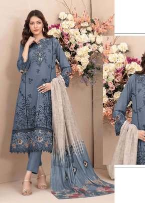 Designer Pure Cambric Cotton With Embroidered Sequence Work Pakistani Suit Dusty Blue Color DN 915