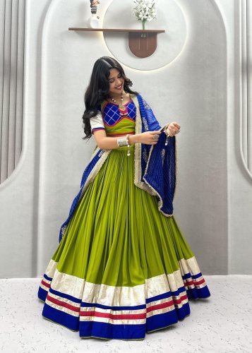 Designer Pure Cotton Lehenga Choli With Heavy Ribbon Work And Vintage Dupatta Navratri Lehenga Choli Parrot Color DN 182