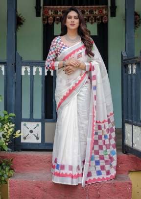 Designer Pure Linen Saree With Tassels Classic White With Colorful Geometric And Patchwork Inspired Motifs  White Color DN 113