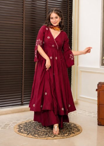 Designer Rayon Cotton Anarkali Gown Palazzo Dupatta Set With Heavy Zari Embroidered  Thread work Maroon Color LFH TD DN 6133