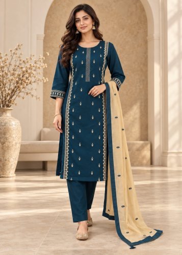 Designer Readymade Suit Cambric Cotton With Embroidered Sequence Work Teal Blue Color DN 4905