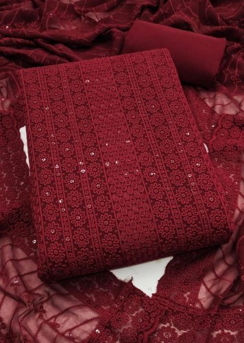 Designer Real Georgette Dress Material With Chicken Kari Work Export Quality In Maroon Color