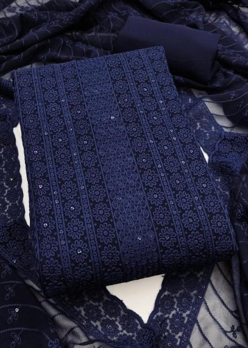 Designer Real Georgette Dress Material With Chicken Kari Work Export Quality In Dark navy Blue Color