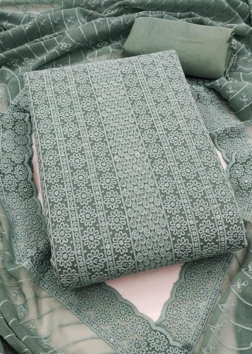 Designer Real Georgette Dress Material With Chicken Kari Work Export Quality In Grey Color