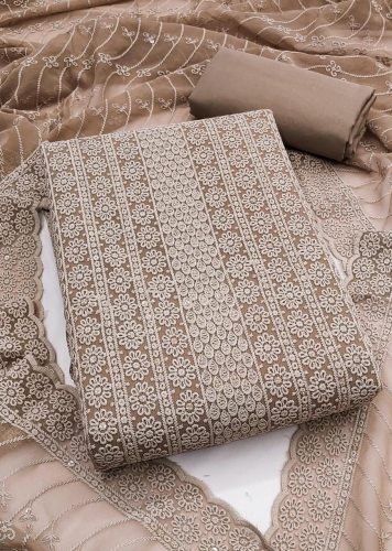 Designer Real Georgette Dress Material With Chicken Kari Work Export Quality In Brown Color