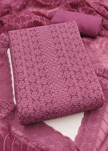 Designer Real Georgette Dress Material With Chicken Kari Work Export Quality In Pink Color