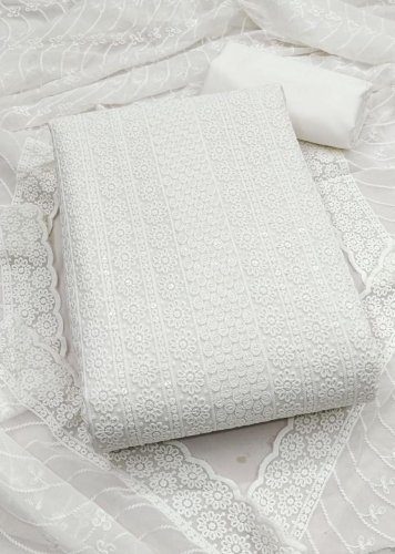 Designer Real Georgette Dress Material With Chicken Kari Work Export Quality In White Color