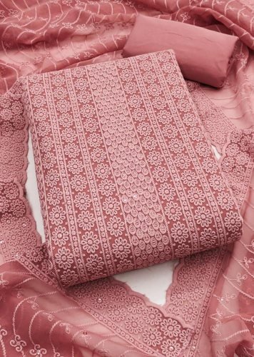 Designer Real Georgette Dress Material With Chicken Kari Work Export Quality In Baby Pink Color