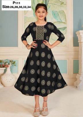 Designer Reyon With Foil Print Kids Kurti Pal 111 Black Color 