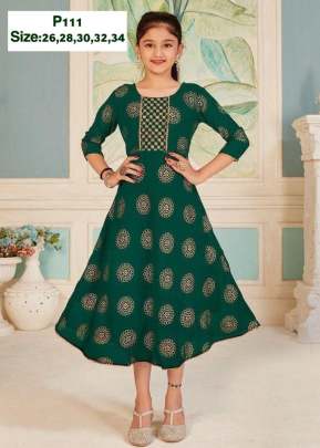 Designer Reyon With Foil Print Kids Kurti Pal 111 Green Color 