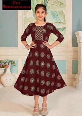 Designer Reyon With Foil Print Kids Kurti Pal 111 Maroon Color 