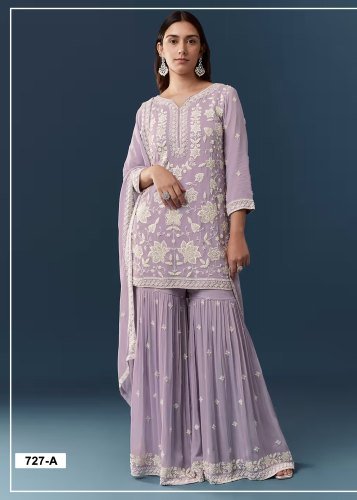 Designer Sharara Suit Chiffon Georgette  Collection With Intricate Thread Embroidery Royal Khatri Work  Lavender Color DN 727