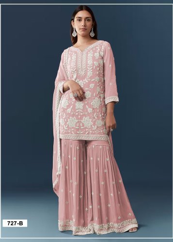  Designer Sharara Suit Chiffon Georgette  Collection With Intricate Thread Embroidery Royal Khatri Work Dusty Pink Color DN 727