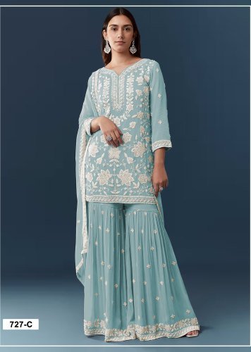  Designer Sharara Suit Chiffon Georgette  Collection With Intricate Thread Embroidery Royal Khatri Work Light Blue Color DN 727