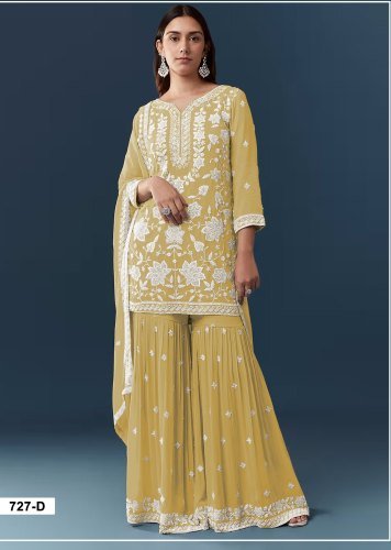  Designer Sharara Suit Chiffon Georgette  Collection With Intricate Thread Embroidery Royal Khatri Work Mustard Yellow Color DN 727