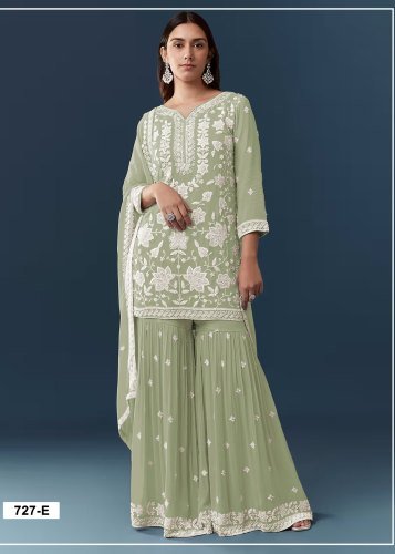  Designer Sharara Suit Chiffon Georgette  Collection With Intricate Thread Embroidery Royal Khatri Work Light Green Color DN 727