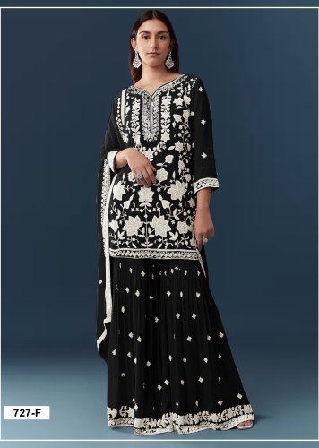  Designer Sharara Suit Chiffon Georgette  Collection With Intricate Thread Embroidery Royal Khatri Work Black Color DN 727