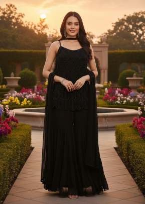 Designer Sharara Suit With Fine Embroidery Beads Work In Heavy Faux Georgette Black DN 1313